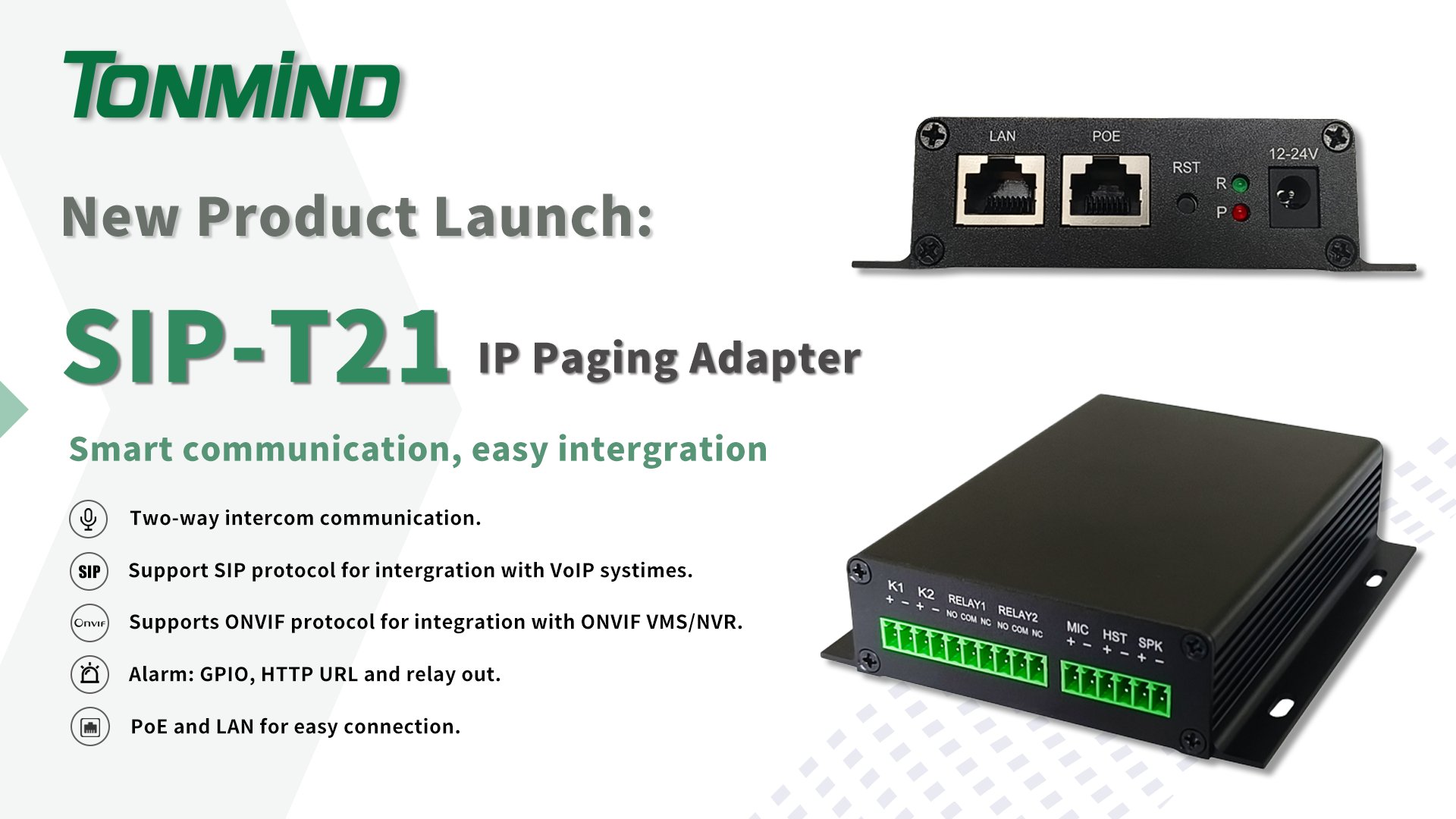 製品発売のお知らせ: TonmindがSIP-T21 IPページングアダプタを発表